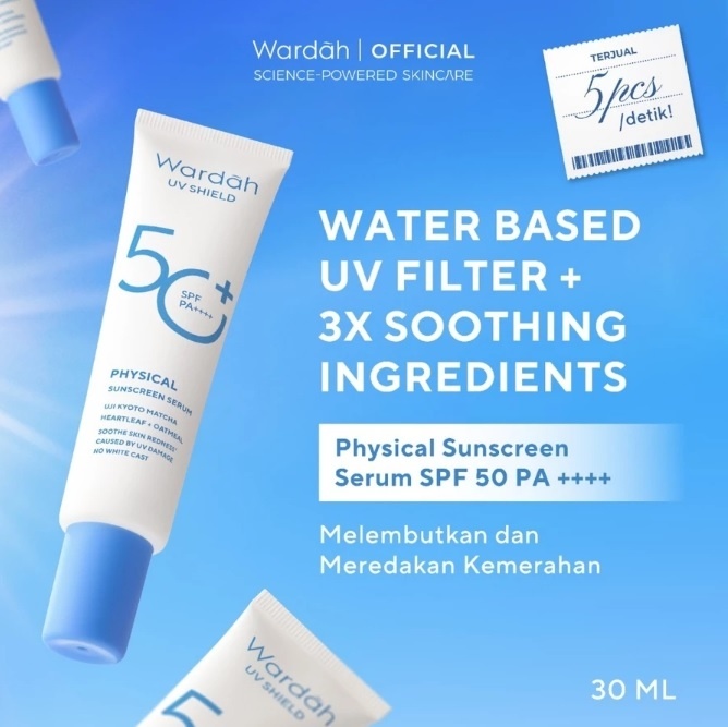 WARDAH UV Shield Physical Sunscreen Serum All Skin SPF 50+ PA++++ (Shopee)
