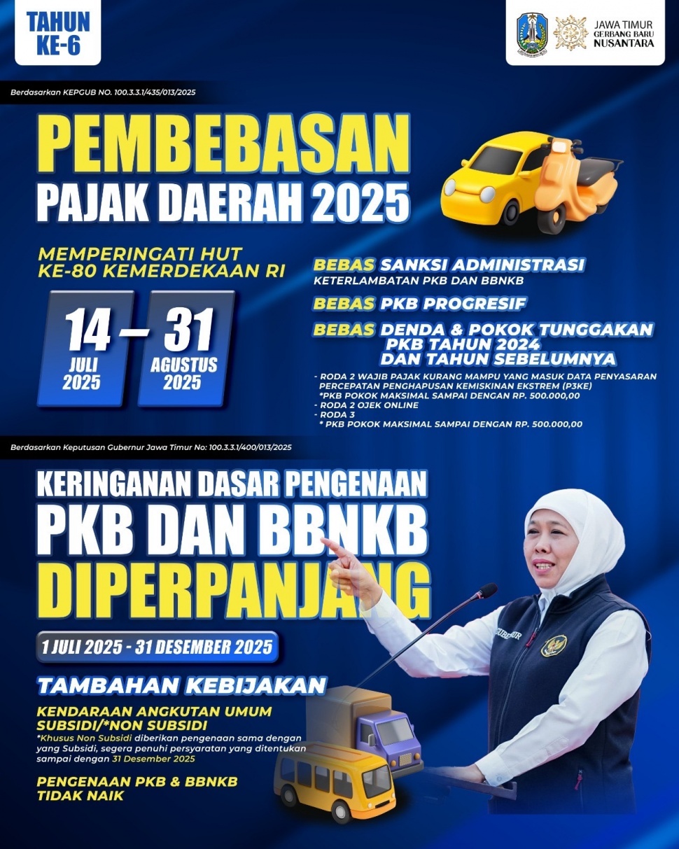 Tahun ke-6 Jawa Timur berikan pembebasan pajak PKB dan BBNKB. (Dok: Pemprov Jatim)