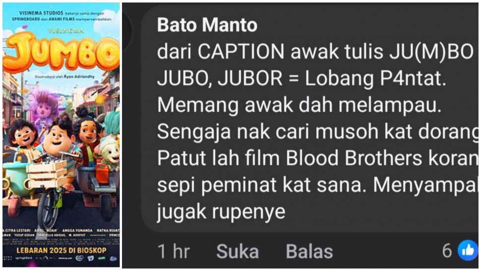 Kolase - Foto poster Film Jumbo (kiri) dan potongan gambar media sosial Malaysia yang memplesetkan Jumbo menjadi kata-kata kasar. [Suara.com]