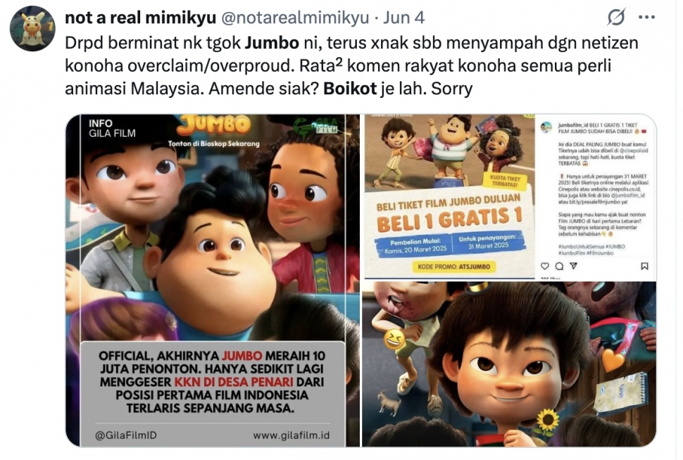 Potongan gambar media sosial Malaysia yang memplesetkan Jumbo menjadi kata-kata kasar dan seruan memboikot film tersebut. [Suara.com]