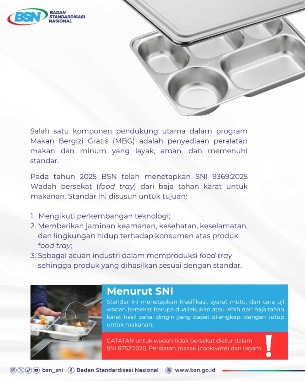 Kriteria Badan Standardisasi Nasional (BSN) dalam menetapkan Standar Nasional Indonesia (SNI) 9369:2025 tentang Wadah Bersekat (Food Tray) dari Baja Tahan Karat untuk Makanan (Dok: BSN)