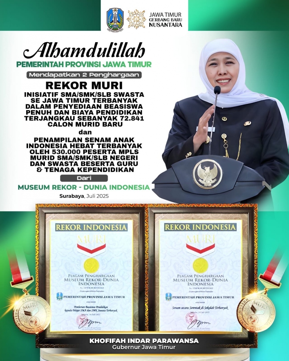 MPLS siswa baru SMA, SMK, dan SLB Negeri maupun Swasta se-Jawa Timur tahun 2025 memecahkan dua rekor sekaligus dari Museum Rekor Dunia Indonesia (MURI). (Dok: Pemprov Jatim)