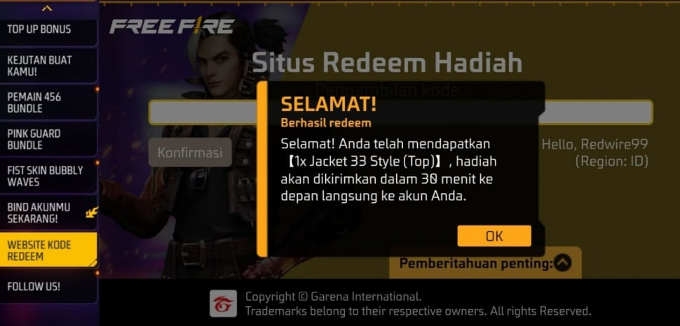 Hadiah kode redeem FF dan FF Max untuk merayakan kemenangan EVOS. (ist)