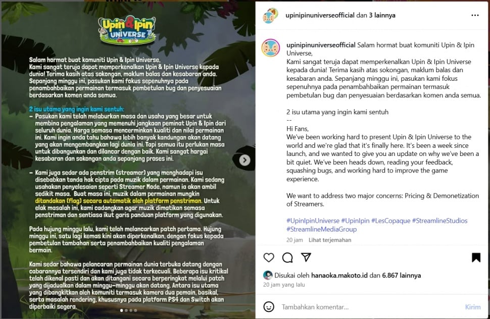 Klarifikasi pembuat game Upin dan Ipin. (Instagram)