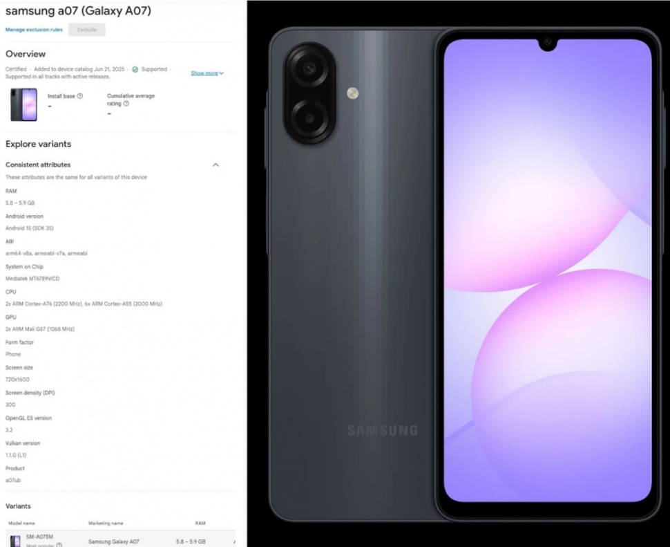 Penampakan Samsung Galaxy A07. (Google Play Console via XpertPick)