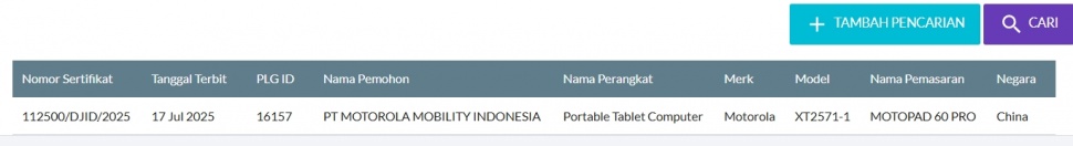 Tablet Moto Pad 60 Pro lolos sertifikasi. (SDPPI)