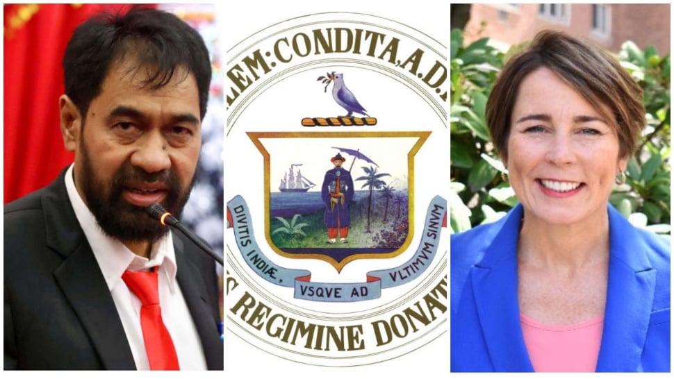 Kolase foto Gubernur Nangroe Aceh Darussalam, Muzakir Manaf alias Mualem (kiri) logo kota Salem di AS (tengah) dan Gubernur Massachusetts Maura Healey (kanan). [Suara.com]