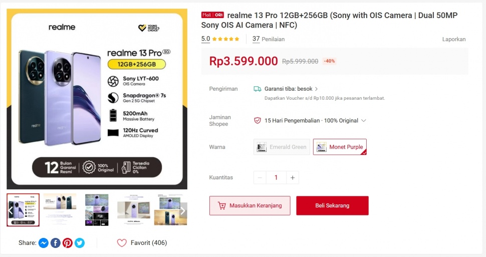 Harga Realme 13 Pro 5G makin murah pada Juli 2025. (Shopee)
