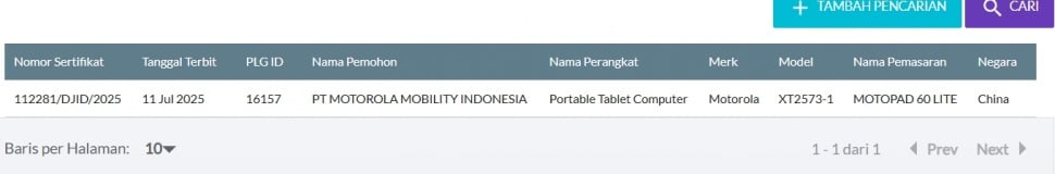 MotoPad 60 Lite lolos sertifikasi. (SDPPI)