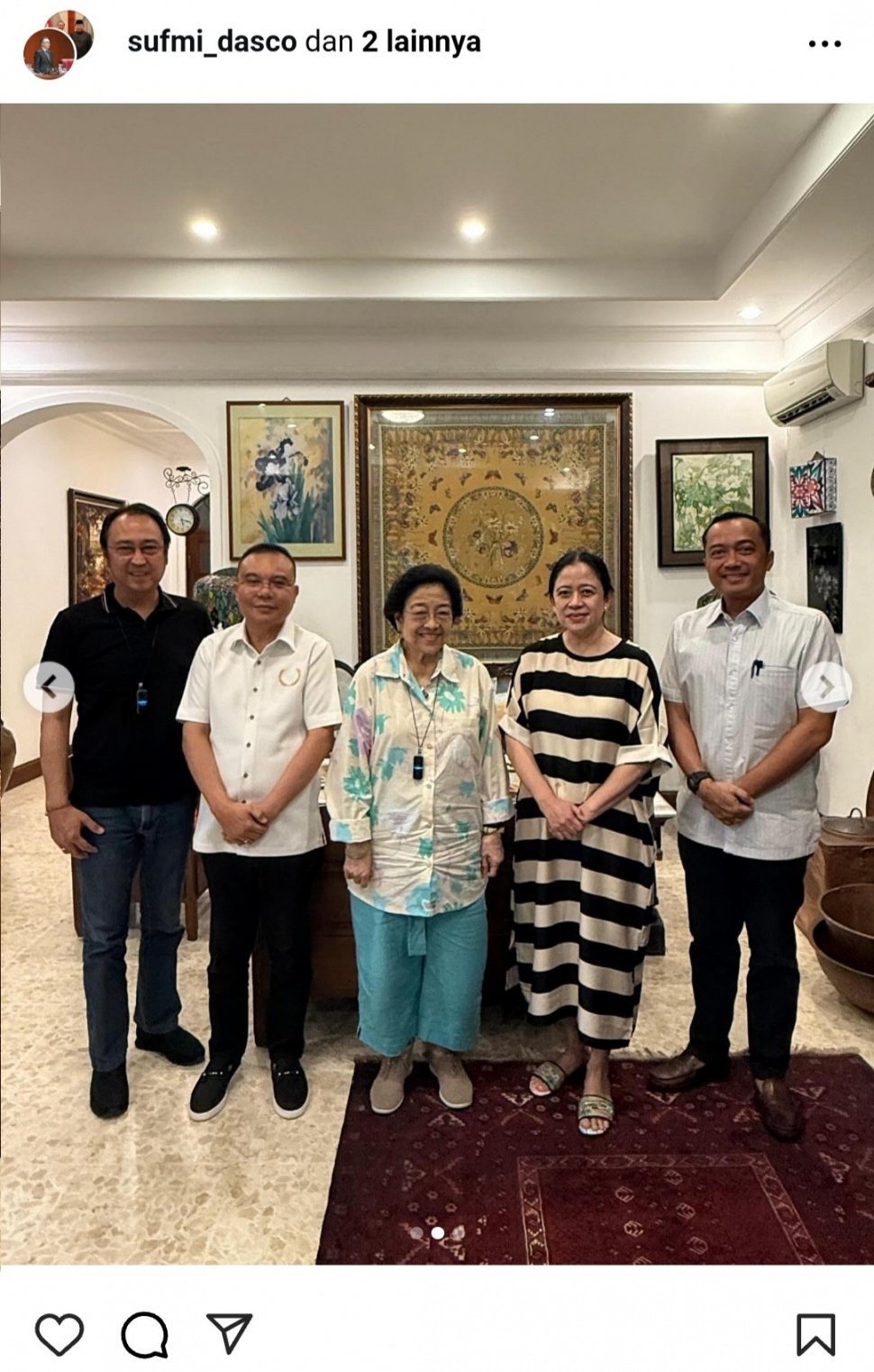 Ketua Harian Partai Gerindra yang juga Wakil Ketua DPR RI Sufmi Dasco Ahmad mengunggah foto pertemuan dirinya dengan Ketua Umum PDIP Megawati Soekarnoputri serta kedua anaknya yakni Puan Maharani dan M Prananda Prabowo. (foto dok. DASCO)