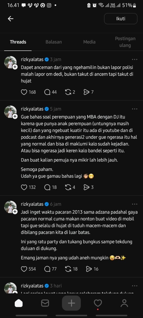 Cuitan Rizky Alatas soal Erika Carlina di Thread