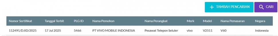 Vivo V60 lolos sertifikasi di Indonesia. (SDPPI)