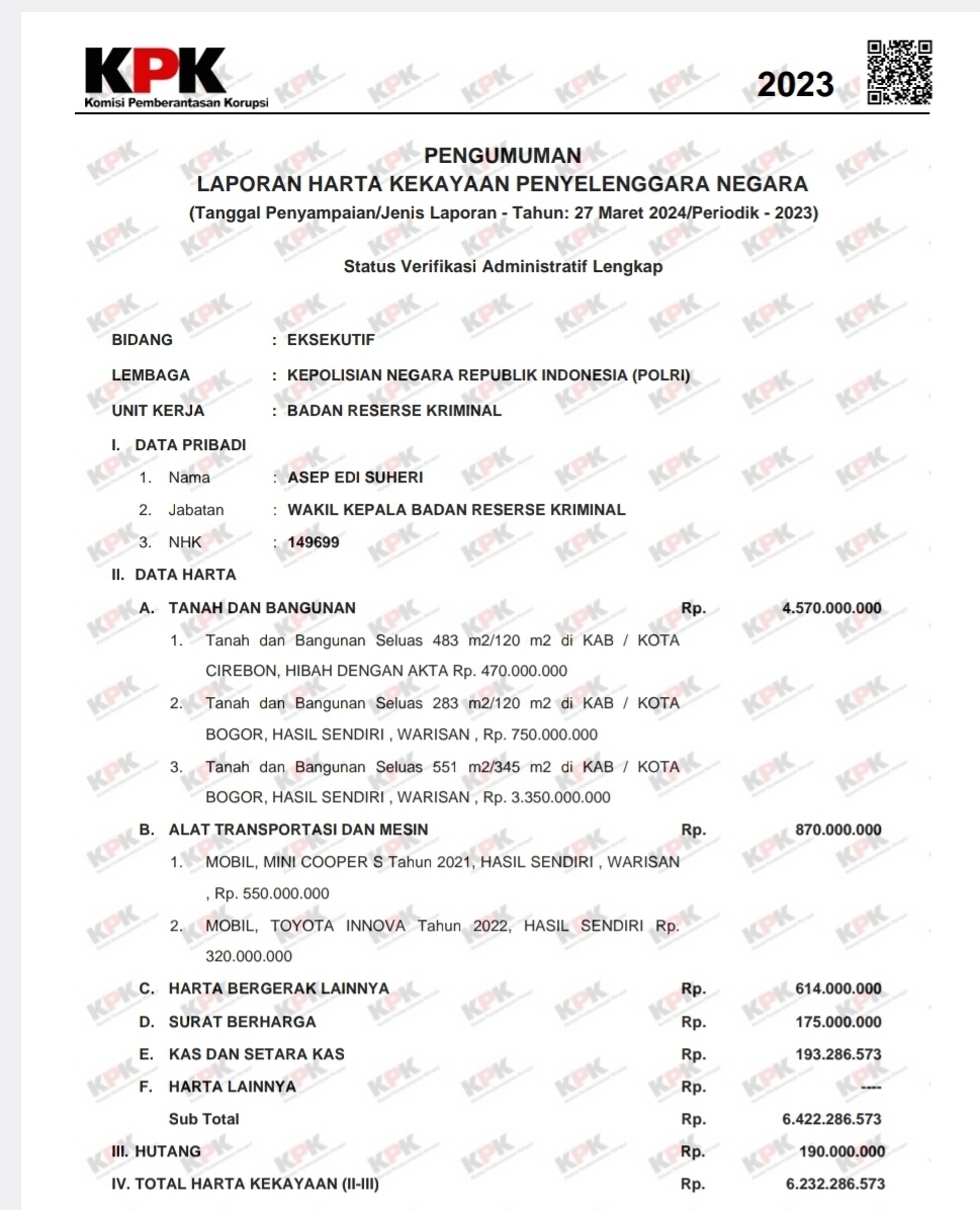LHKPN Irjen Asep Edi Suheri. (tangkap layar)
