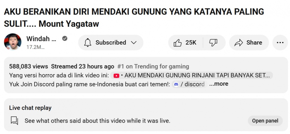 Video streaming Windah Basudara trending nomor satu. (YouTube)