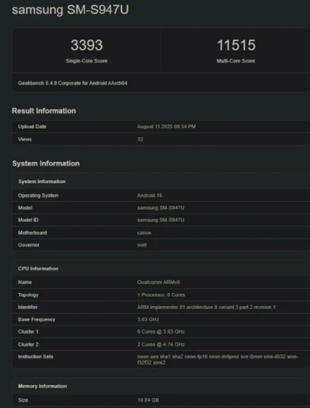 Pengujian performa Samsung Galaxy S26 Edge dengan Snapdragon 8 Elite 2. (Geekbench)