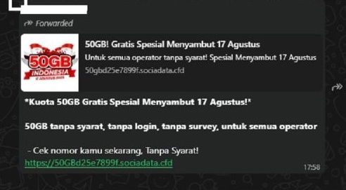 Hoaks kuota internet gratis 50 GB sambut Hari Kemerdekaan. [Ist]