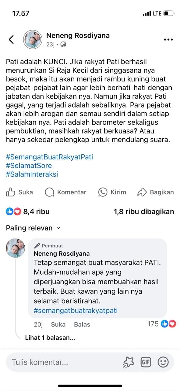 Postingan Neneng Rosdiyana terkait demo di Pati yang menuntut mundurnya Bupati Sudewo. [Tangkapan layar medsos Facebook]