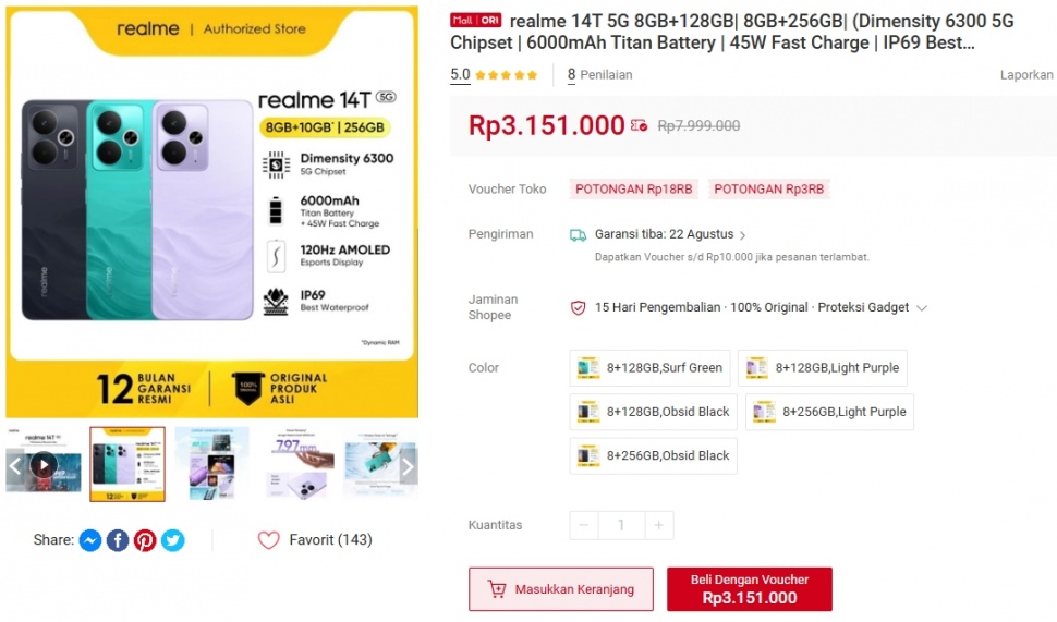 Harga Realme 14T 5G makin murah pada Agustus 2025. (Shopee)
