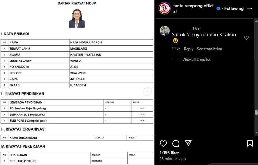 Pendidikan Nafa Urbach. (Instagram/@tante.rempong.official)