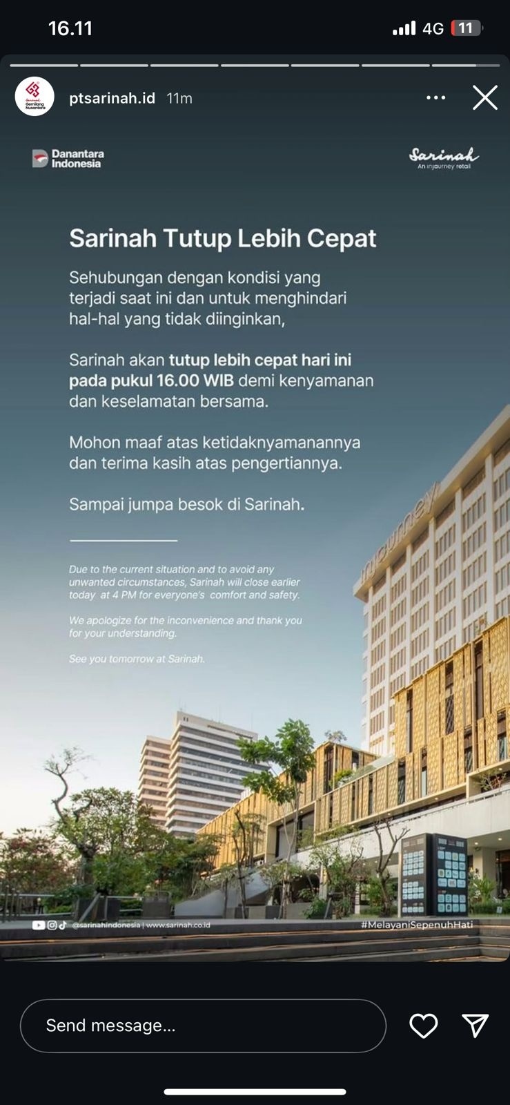 Pusat Perbelanjaan Sarinah Tutup Lebih Cepay