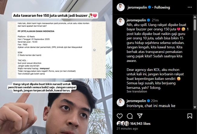 Jerome Polin ditawari menjadi buzzer dengan bayaran Rp150 juta (Instagram)