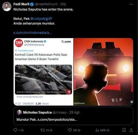cuitan terbaru Fedi Nuril (X/@realfedinuril)