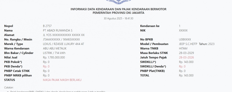 Pajak Lexus yang dirusak di rumah Ahmad Sahroni. (Samsat Jakarta)