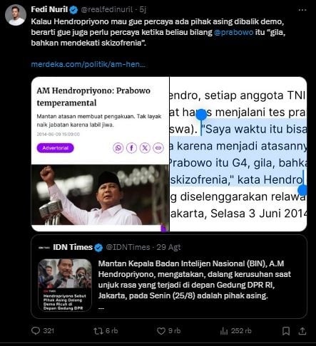 cuitan terbaru Fedi Nuril (X/@realfedinuril)