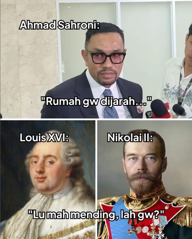 Meme yang menyadingkan Ahmad Sahroni dengan pemimpin di Rusia dan Prancis. [Instagram/neohistoria.id]