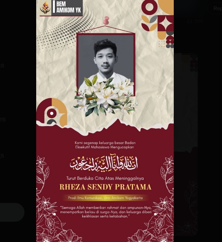Mahasiswa Amikom, Rheza Sendy Pratama meninggal, netizen berduka di X. (X)