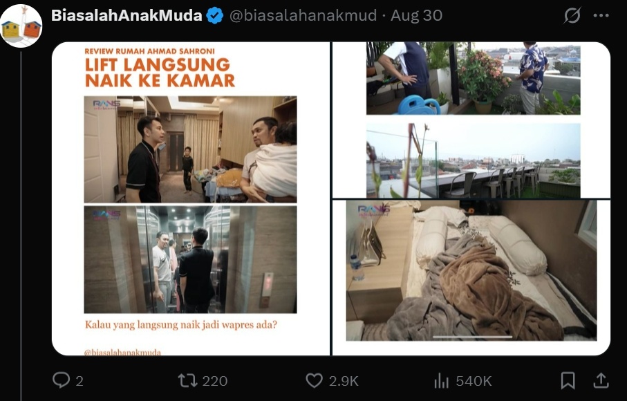 Raffi Ahmad pernah tur ke rumah mewah Sahroni. (X biasalahanakmud)