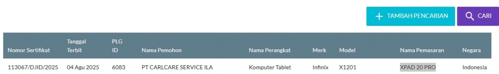 Infinix XPAD 20 Pro lolos sertifikasi di Indonesia. (SDPPI)