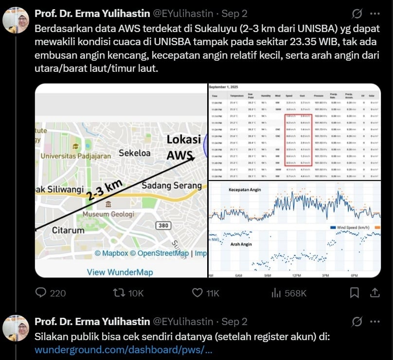 Ilmuwan BRIN ungkap data kecepatan angin pada 1 September 2025. (X @EYulihastin)