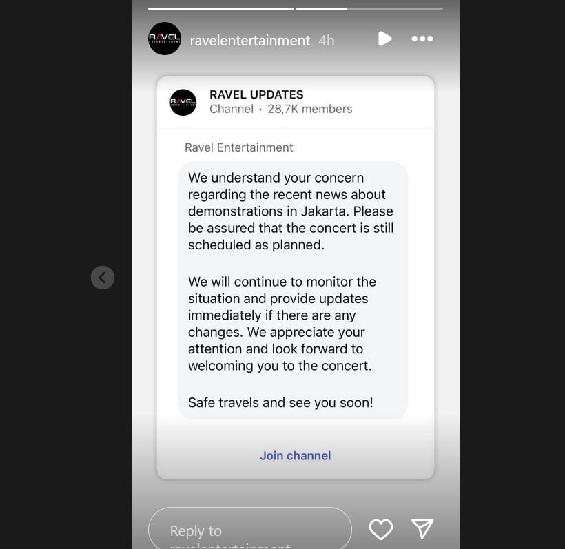 Ravel Entertainment selaku promotor Konser Muse di Jakarta telah memberikan keterangan resmi dan menegaskan konser tetap akan berlajan sesuai rencana yakni pada 19 September 2025 di Carnaval Ancol, Jakarta Utara. [Instagram]