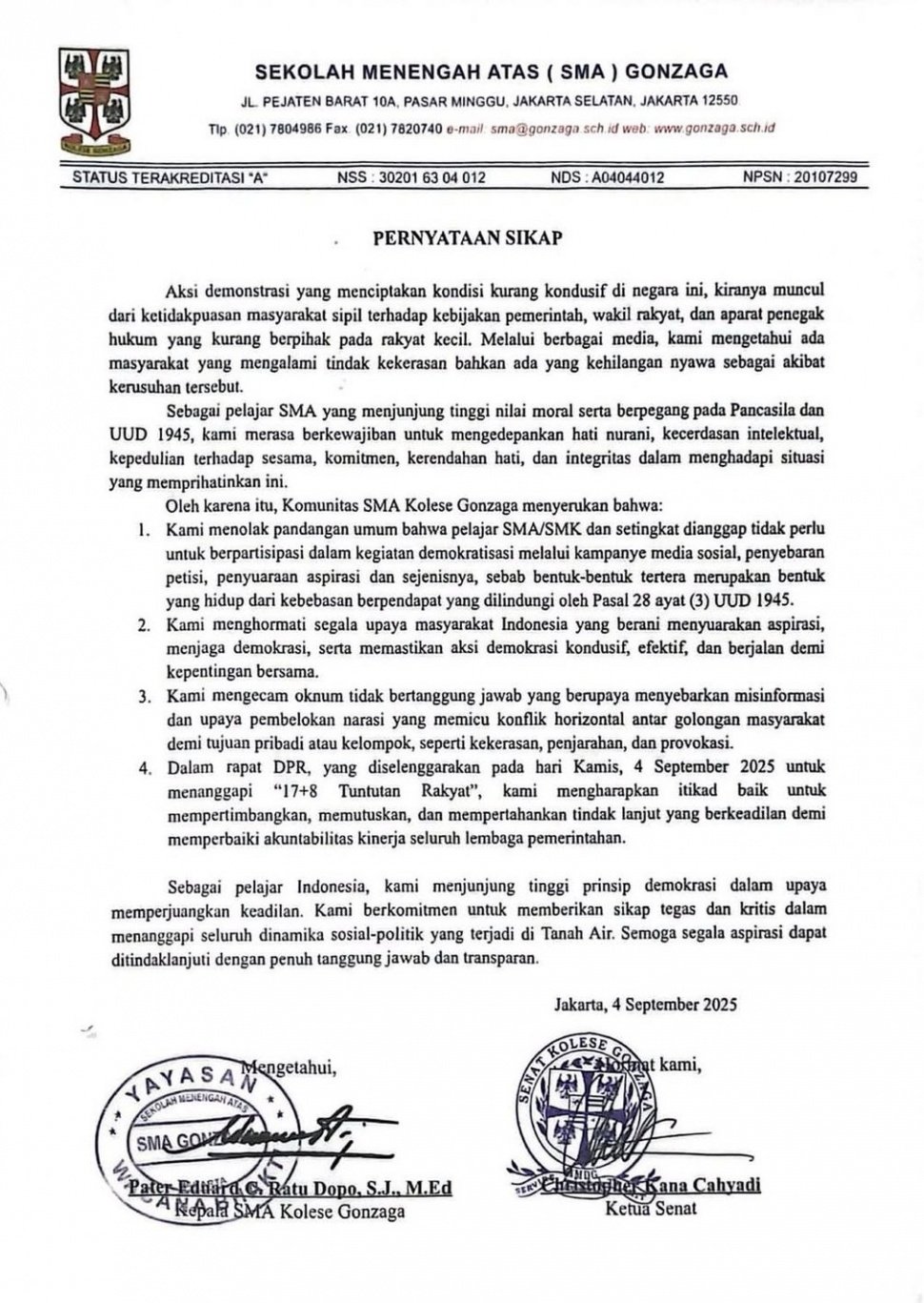 sikap SMA Gonzaga terkait tuntutan rakyat 17+8 (X.com)