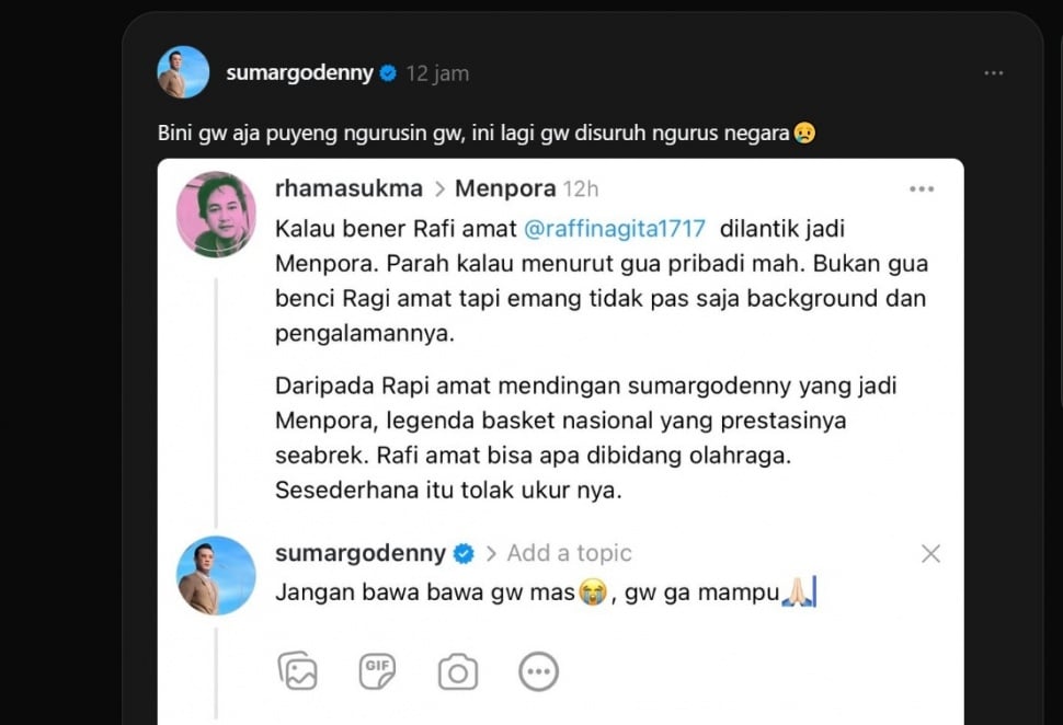 Denny Sumargo menolak jadi menpora (Threads/@sumargodenny)