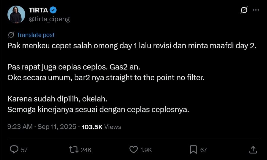 Tangkap layar cuitan Dokter Tirta soal Menkeu Purbaya (X/tirta_cipeng)
