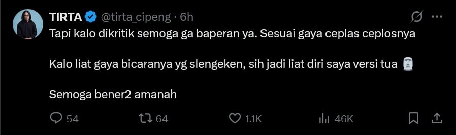 Tangkap layar cuitan Dokter Tirta soal Menkeu Purbaya (X/tirta_cipeng)