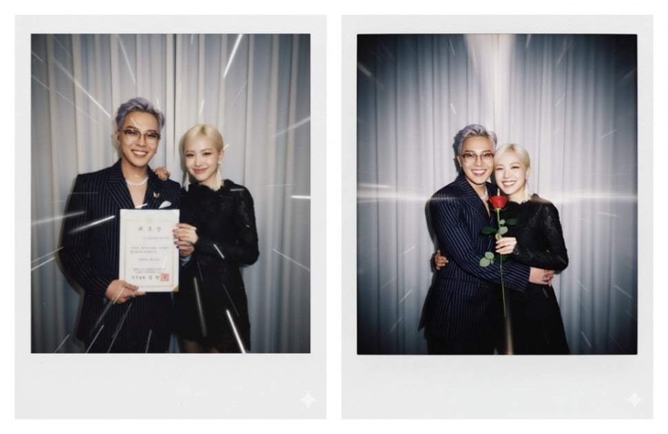 G-Dragon dan Rose BLACKPINK- contoh cara edit foto polaroid bareng idol pakai AI. (Gemini)