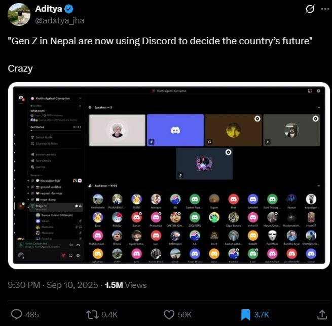 Gen Z Nepal memanfaatkan aplikasi Discord. (X)