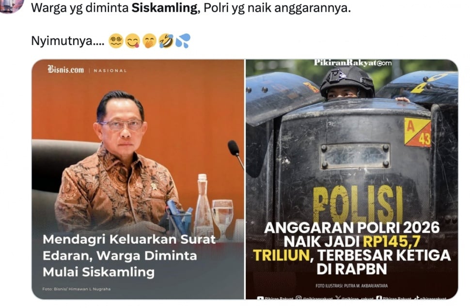 Salah satu hasil bidik layar publik yang mengkritik anjuran Mendagri Tito Karnavian agar masyarakat kembali menghidupkan siskamling. [X]