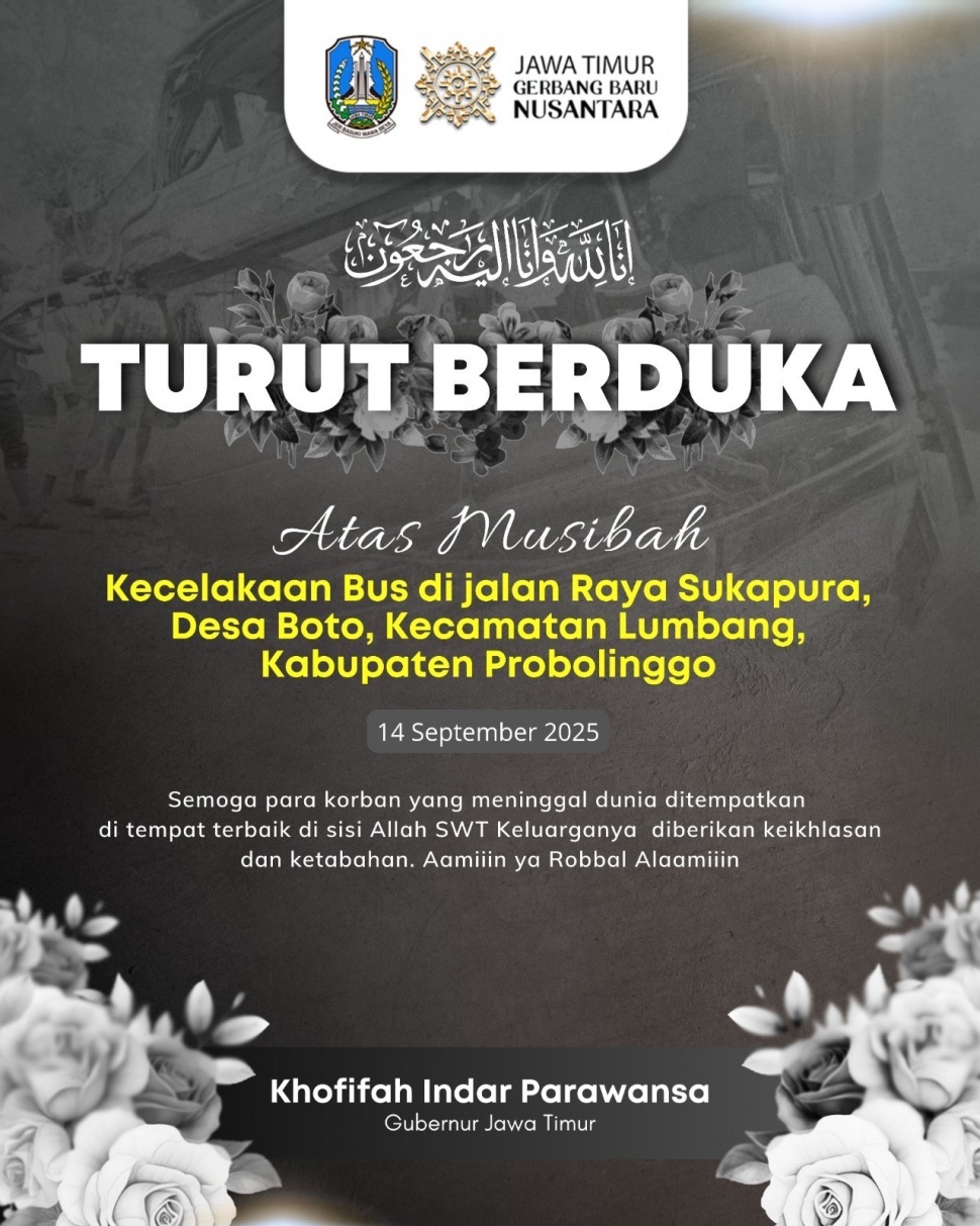 Flyer turut berdukacita dari Pemprov Jatim atas insiden kecelakaan bus di Probolinggo. (Dok: Pemprov Jatim)