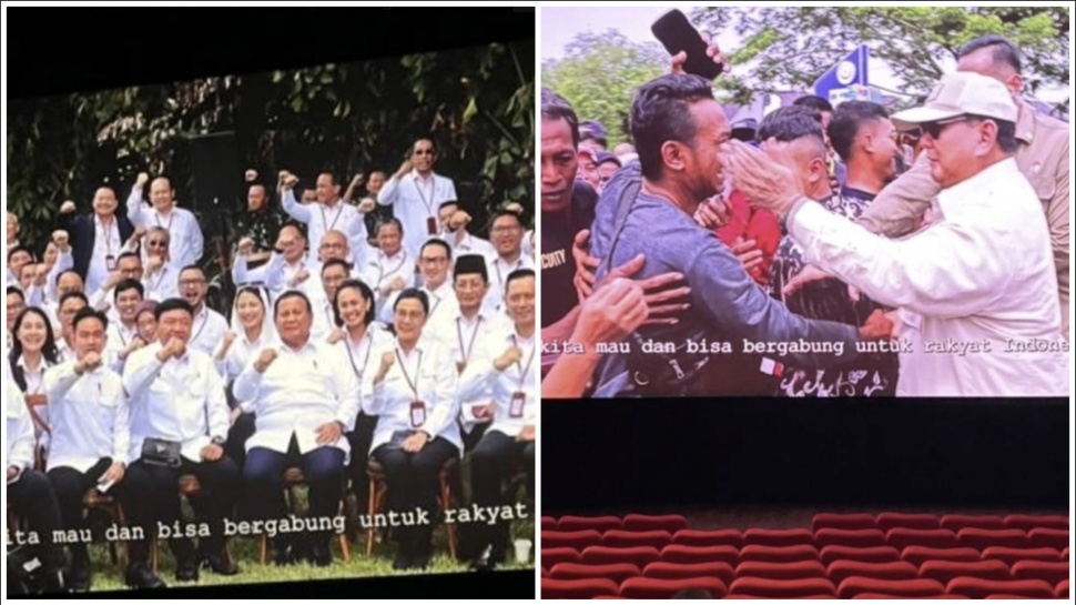 Kolase video-video yang menampilkan Presiden Prabowo dan klaim pencapaiannya, yang ditayangkan di bioskop sebelum film dimulai. [Suara.com]