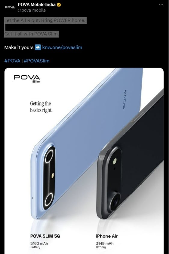 Tecno membandingkan Pova Slim 5G vs iPhone Air. (Tecno)