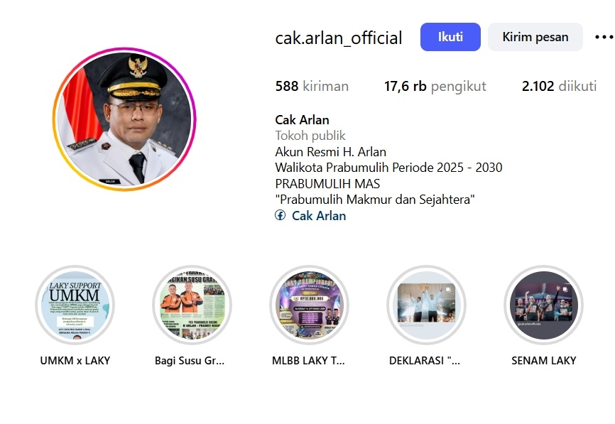 Instagram Walkot Prabumulih, Cak Arlan. (Instagram)