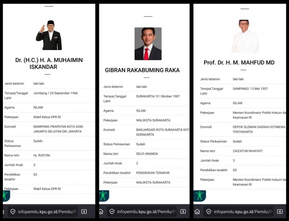 Laman KPU RI tekait data status pendidikan Wakil Presiden Gibran Rakabuming Raka. [Bidik layar/Fakhri]