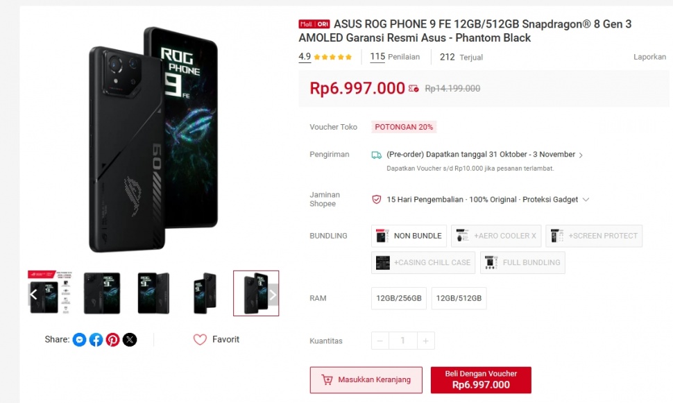 Harga ROG Phone 9 FE cuma Rp 6 jutaan pada September 2025. (Shopee)