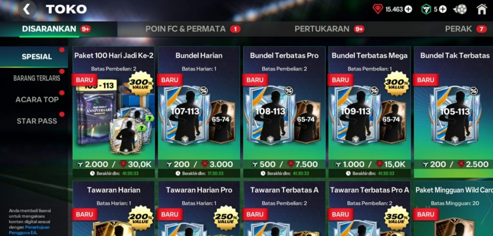 Bundle 109-113 seharga 15 ribu Gems di FC Mobile. (Suara.com/ Rezza Rachmanta) 