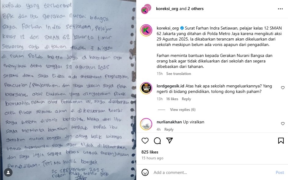 Pelajar SMA di Jaktim Tulis Surat Minta Bantuan Hukum (Instagram/@koreksi_org)