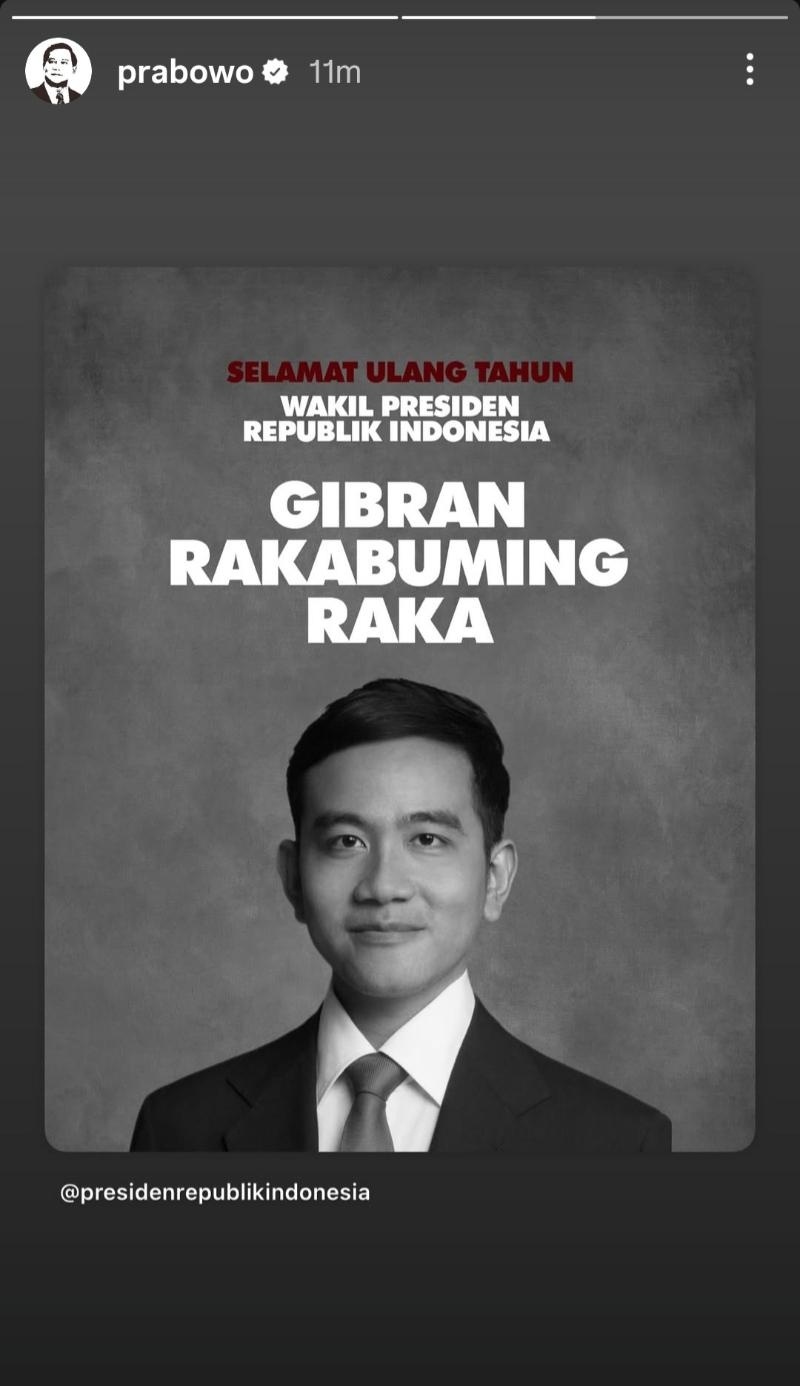 Presiden Prabowo Subianto mengucapkan selamat ulang tahun kepada Wakil Presiden Gibran Rakabuming Raka. (tangkap layar.ist)